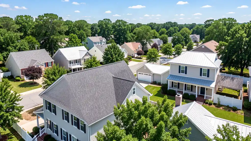 Residential neighborhood in Orangeburg SC with various roof types