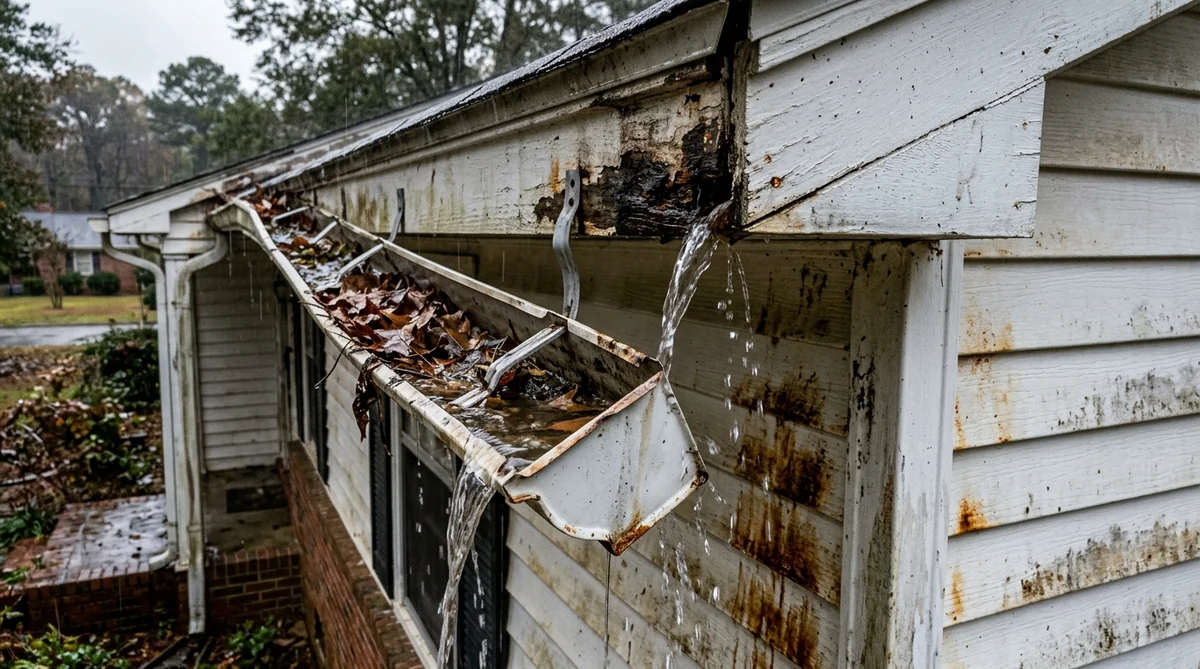 Damaged sagging gutters showing warning signs of replacement need on an Orangeburg SC home